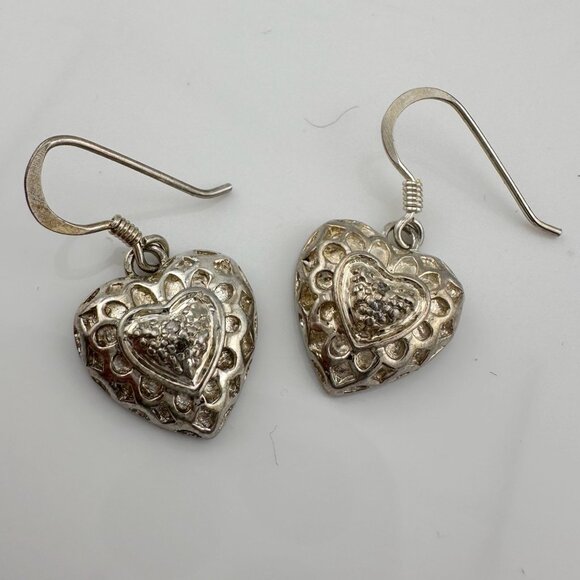 Sterling Silver Heart Dangle Earrings with Small Natural Diamond in Center - Picture 3 of 10